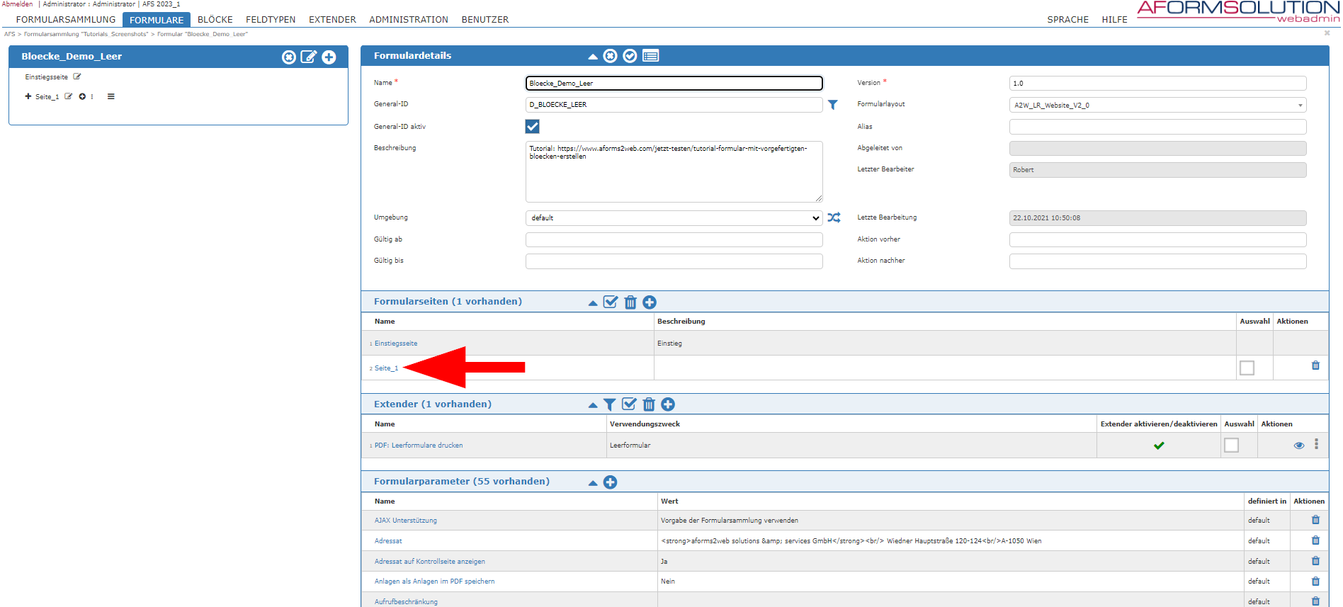 Abbildung 4: Klicken Sie unter „Formularseiten“ auf „Seite_1“ um diese zu bearbeiten Abbildung 4: Klicken Sie unter „Formularseiten“ auf „Seite_1“ um diese zu bearbeiten